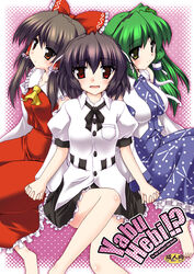  3girls ascot bare_shoulders barefoot black_hair black_ribbon black_skirt blue_dress blush bow brown_eyes brown_hair collarbone commentary_request dress frog_hair_ornament gonzaburo green_eyes green_hair hair_between_eyes hair_ornament hair_tubes hairbow hakurei_reimu hat holding_hands interlocked_fingers kochiya_sanae long_hair looking_at_viewer multiple_girls red_bow red_eyes red_skirt red_vest ribbon shameimaru_aya short_hair sitting skirt snake_hair_ornament touhou very_long_hair vest wavy_mouth 