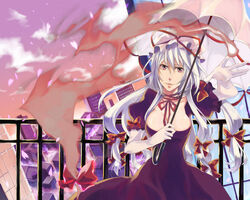  breasts cleavage commentary_request dress elbow_gloves female gloves hat kouno_matsuri ribbon solo touhou umbrella white_gloves yakumo_yukari 