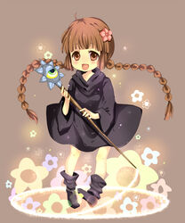  boots braid brown_eyes brown_hair cloak commentary_request eyeball female flower hair_flower hair_ornament kukuri_(mahoujin_guruguru) long_hair mahoujin_guruguru mata solo staff twin_braids 