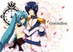  1boy aqua_eyes aqua_hair blue_eyes blue_hair cendrillon_(vocaloid) clock commentary_request dress elbow_gloves female gloves hairband hatsune_miku holding_hands kaito_(vocaloid) kazenagi_hikari long_hair petals twintails very_long_hair vocaloid white_dress 