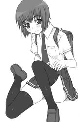  backpack bad_anatomy bag female flat_chest greyscale monochrome necktie panties pantyshot shichimenchou shion_no_ou short_hair simple_background sitting solo thighhighs underwear yasuoka_shion 