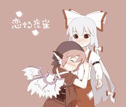  2girls animal_ears bird_ears bird_wings blush brown_kimono commentary_request fujiwara_no_mokou hair_ribbon head_scarf japanese_clothes kimono long_hair multiple_girls mystia_lorelei night_sparrow_love obi okamisty pink_hair red_eyes ribbon sash short_hair suspenders tasuki tears torque touhou translated white_hair wings 