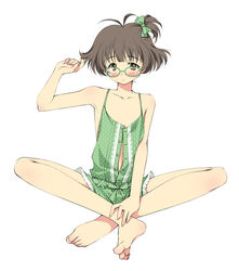  1boy akizuki_ryo armpits bare_shoulders barefoot blush bow commentary_request feet glasses green_eyes hairbow idolmaster idolmaster_dearly_stars indian_style long_legs male_focus nano00 otoko_no_ko photoshop_(medium) sitting skinny solo unbuttoned 