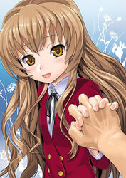  aisaka_taiga blush brown_eyes brown_hair female fingernails holding_hands interlocked_fingers lips lipstick long_hair makeup nail_polish oohashi_high_school_uniform out_of_frame pink_nails pov pov_hands school_uniform smile solo_focus sugaishi toradora! 