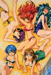  5girls aqua_hair arm_support artist_request barefoot bikini blue_eyes blue_hair breasts brown_hair cleavage closed_eyes curly_hair feet from_above fujiwara_yukie green_(game) green_eyes highres hirose_mariko long_hair medium_breasts mizuno_makoto_(green) multiple_girls official_art one_eye_closed pool poolside purple_hair red_hair sakurai_akane short_hair soles swimsuit takahashi_kanako toes 