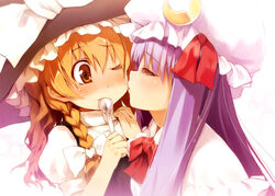  2girls blonde_hair braid chinchickrin closed_eyes commentary_request crescent crescent_hat_ornament eating food food_on_face hat hat_ornament kirisame_marisa long_hair multiple_girls one_eye_closed patchouli_knowledge photoshop_(medium) purple_hair rice rice_on_face short_hair spoon touhou witch_hat yellow_eyes yuri 