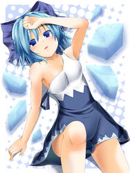  adapted_costume armpits bare_shoulders blue_bow blue_eyes blue_hair blush bow cirno commentary_request dress female hairbow hand_on_own_head masa_(miyabitei) off_shoulder short_hair solo touhou wings 