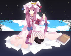  akarino_(yucco) book commentary_request crescent crescent_hat_ornament female hat hat_ornament long_hair paper patchouli_knowledge purple_eyes purple_hair solo thighhighs touhou 