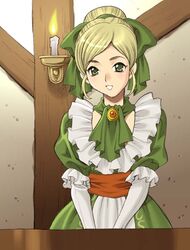  blonde_hair bow candle dragon_quest dragon_quest_ix dress elbow_gloves female gloves green_eyes hairbow roxanne_(dq9) smile solo yukiyanagi 