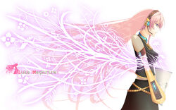  belt black_dress blue_gemstone blue_nails breasts brooch character_name closed_mouth commentary_request cowboy_shot detached_sleeves dress expressionless female flower from_side gem glowing headset holding jewelry koumei_(harmonizer) long_hair long_sleeves medium_breasts megurine_luka nail_polish photoshop_(medium) pink_hair profile solo standing striped vertical_stripes very_long_hair vocaloid 