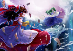  2girls battle bow brown_hair commentary_request danmaku detached_sleeves dress duel geyser green_eyes green_hair hair_ornament hairbow hakurei_reimu hydrokinesis kochiya_sanae long_hair magic motion_blur multiple_girls ofuda outstretched_arm parting_water photoshop_(medium) pointing red_eyes signature touhou vetina water waves wide_sleeves 