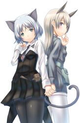  2girls animal_ears black_pantyhose blonde_hair blue_eyes blush cat_ears cat_girl cat_tail commentary_request couple eila_ilmatar_juutilainen fox_ears fox_girl green_eyes grey_hair holding_hands interlocked_fingers long_hair military military_uniform multiple_girls pantyhose sabamu sanya_v._litvyak short_hair smile strike_witches tail uniform white_pantyhose world_witches_series yuri 