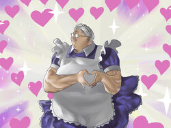  1boy anzai_mitsuyoshi apron blush commentary_request crossdressing facial_hair fat fat_man glasses heart kai_(ouf) maid male_focus moe_moe_kyun! moustache parody slam_dunk_(series) solo white_hair 