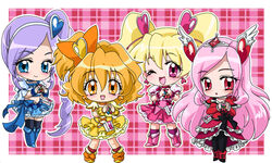  4girls aono_miki blonde_hair blue_choker blue_eyes blue_footwear blue_skirt blue_wrist_cuffs boots bow brown_hair chibi choker commentary_request cure_berry cure_passion cure_peach cure_pine eyelashes fresh_precure! hair_ornament heart heart_hair_ornament higashi_setsuna imahia knee_boots long_hair magical_girl momozono_love multiple_girls one_eye_closed orange_choker orange_eyes pantyhose pink_bow pink_choker pink_eyes pink_hair pink_wrist_cuffs precure purple_hair skirt smile thighhighs white_choker wrist_cuffs yamabuki_inori 