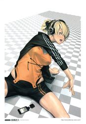  absurdres black_shorts blonde_hair blue_eyes breasts camisole cowboy_shot digital_media_player female headphones highres ipod ipod_touch jacket large_breasts onkyo open_mouth original short_hair short_ponytail short_shorts shorts solo stretching takahashi_takehisa track_jacket 