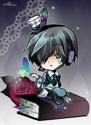  1boy blue_hair book bug butterfly chibi commentary_request flower hat headphones headset hitobashira_alice_(vocaloid) kaito_(vocaloid) male_focus mini_hat mini_top_hat nachu_(supobake) necktie photoshop_(medium) rose solo top_hat vocaloid 