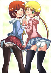  2girls 4040_(abonriya) akashi_kaoru ass back black_thighhighs blonde_hair blush commentary_request company_connection crossover from_behind green_eyes hair_ribbon hayate_no_gotoku! highres holding_hands hood hoodie interlocked_fingers long_hair looking_at_viewer looking_back miniskirt multiple_girls one_eye_closed panties panties_under_pantyhose pantyhose petticoat photoshop_(medium) plaid plaid_skirt red_eyes red_hair ribbon sanzen&#039;in_nagi school_uniform serafuku short_hair shounen_sunday skirt smile standing symmetrical_hand_pose thighhighs twintails underwear white_panties zettai_karen_children 