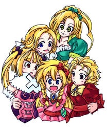  5girls :/ :d :o aged_down aged_up alternate_costume annotated artist_request blonde_hair blue_eyes bow braid castlevania:_dracula_x_chronicles castlevania:_rondo_of_blood castlevania:_symphony_of_the_night castlevania_(series) castlevania_judgment dress gloves green_eyes hairband hairbow long_hair looking_at_another looking_at_viewer maria_renard multiple_girls multiple_hair_bows multiple_persona open_mouth ponytail red_eyes ribbon short_hair skirt smile time_paradox twin_braids twintails 