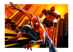  1boy bad_id bad_pixiv_id bracelet cityscape commentary_request jewelry leopardon male_focus marvel mecha robot spider-man spider-man_(series) spider-man_(toei) tonji twilight yamashiro_takuya 