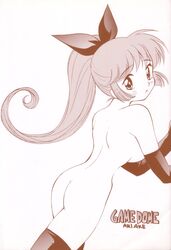  ass bow breasts elbow_gloves female from_behind gloves hairbow halftone haneoka_meimi highres kaitou_saint_tail looking_back magical_girl medium_breasts monochrome nude ono_toshihiro pink_theme ponytail saint_tail solo thighhighs 