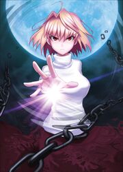  ahoge angry arcueid_brunestud blonde_hair chains commentary_request female full_moon hands highres long_skirt moon purple_skirt red_eyes short_hair skirt solo sugar_(sugarless) sweater tsukihime turtleneck 