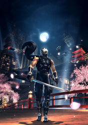  1boy 3d bridge cherry_blossoms city dragon_sword gauntlets green_eyes highres katana male_focus mask moon ninja_gaiden ninja_gaiden_sigma_2 official_art photoshop_(medium) ryu_hayabusa scarf solo statue sword weapon 