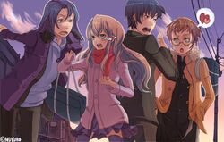  3boys aisaka_taiga back-to-back bad_id bad_pixiv_id bag embarrassed female haruta_kouji long_hair mukuro_(devilsnestdog) multiple_boys noto_hisamitsu scarf takasu_ryuuji tears thighhighs toradora! winter_clothes 