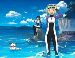  2girls amanchu! animal aria_(amanchu!) blush bodysuit boots cloud commentary_request day diving_mask diving_mask_on_head diving_suit feline goggles goggles_on_head happy hirokiku kohinata_hikari long_hair multiple_girls ocean ooki_futaba outdoors rock scenery short_hair sky wetsuit 