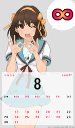  2009 august bad_id bad_pixiv_id blue_sailor_collar blue_skirt brown_eyes brown_hair calendar_(medium) endless_eight female hairband hands highres infinity_symbol kari_(kakko_k) kita_high_school_uniform one_eye_closed open_mouth orange_hairband sailor_collar school_uniform serafuku skirt solo summer_uniform suzumiya_haruhi suzumiya_haruhi_no_yuuutsu thigh_gap watermark 