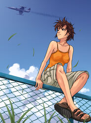  aircraft airplane bad_id bad_pixiv_id brown_eyes brown_hair camisole chain-link_fence cloud contrail crossed_legs day earrings f-104_starfighter female fence grass jet jewelry messy_hair original photoshop_(medium) sandals short_hair shorts sitting sky smile solo tomoshiki 