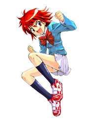  akashi_kaoru b.a.b.e.l._uniform black_socks blue_jacket bow bowtie commentary_request female fujimoto_satoru jacket open_mouth panties photoshop_(medium) red_bow red_bowtie red_eyes red_hair school_uniform shirt shoes skirt smile sneakers socks solo underwear white_panties white_shirt white_skirt zettai_karen_children 