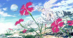  angel angel_of_light_nanael angel_wings artist_request blue_hair blue_sky boots bud cloud day dianthus elbow_gloves feathered_wings female flower from_behind gloves highres landscape looking_to_the_side nanael_(queen&#039;s_blade) outdoors panties pantyshot pink_flower queen&#039;s_blade scenery shading_eyes sky solo twisted_torso underwear water_drop wings 