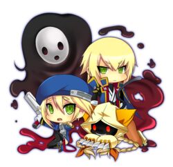  1boy 2girls animal_ears animal_hood arakune beret blazblue blonde_hair bolverk braid cat_ears cat_hood chibi claws commentary_request d_(pixiv544157) grin gun handgun hat hood hoodie jin_kisaragi multiple_girls noel_vermillion slime_(substance) smile tail taokaka thighhighs twin_braids weapon 