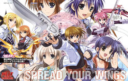  1boy 6+girls absurdres agito_(nanoha) armor bardiche_(nanoha) belt blonde_hair blue_eyes brown_hair buckle cape coat cross_mirage dual_wielding ec_divider_code-996 energy_blade fate_testarossa fingerless_gloves fur_trim gauntlets gloves green_eyes gun gunblade handgun headband higa_yukari highres holding holding_gun holding_weapon isis_egret jacket laevatein_(nanoha) light_brown_hair lily-strosek long_hair lyrical_nanoha magic_circle magical_girl mahou_senki_lyrical_nanoha_force mini_person minigirl multiple_girls nyantype open_clothes open_jacket open_mouth orange_hair partially_translated pink_hair ponytail purple_eyes purple_hair red_eyes red_hair short_hair signum skirt smile steed_(nanoha) subaru_nakajima sword takamachi_nanoha teana_lanster thighhighs thoma_avenir translation_request trigger_discipline waist_cape weapon wings yellow_eyes zettai_ryouiki 