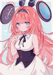  ahoge bare_arms bare_shoulders black_hairband black_ribbon blue_background blue_eyes blush breasts brown_hair closed_mouth collared_shirt commentary_request female grey_background hair_intakes hairband hand_up headgear heart highres karunabaru lishenna_omen_of_destruction long_hair neck_ribbon ribbon shadowverse shirt skirt sleeveless sleeveless_shirt small_breasts smile solo two-tone_background underbust very_long_hair white_shirt white_skirt 