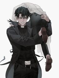  2boys anger_vein annoyed ass belt black_coat black_eyes black_hair black_pants black_shirt brown_footwear carrying_over_shoulder clenched_teeth coat floating_clothes hand_on_another&#039;s_ass hand_on_another&#039;s_leg hand_on_another&#039;s_shoulder hands_up highres huh_1222 jacket kicking kim_dokja korean_commentary long_sleeves looking_at_another male_focus multiple_boys omniscient_reader&#039;s_viewpoint pants shirt shirt_tucked_in shoe_soles shoes short_hair sideways_glance simple_background struggling teeth tight_clothes tight_shirt toned toned_male white_background white_jacket yoo_joonghyuk 