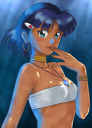  bandeau bare_shoulders black_hair blue_gemstone blue_hair bob_cut bracelet breasts commentary dark-skinned_female dark_skin earrings female fingers_to_mouth fushigi_no_umi_no_nadia gem gold_bracelet green_eyes green_hair hair_ornament hairclip highres hoop_earrings jewelry lips maruyama_musashi nadia_la_arwall neck_ring necklace pendant revision short_hair simple_background small_breasts solo strapless tube_top upper_body 