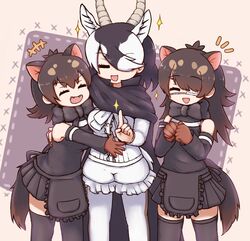  3girls :d =_= ^_^ animal_ears aticotta australian_devil_(kemono_friends) bare_shoulders batten_japari_dan blackbuck_(kemono_friends) bow bowtie closed_eyes commentary_request elbow_gloves eyepatch fangs gloves gradient_hair highres horns kemono_friends kemono_friends_3 long_hair multicolored_hair multiple_girls open_mouth pantyhose short_hair smile sparkle tasmanian_devil_(kemono_friends) tasmanian_devil_ears tasmanian_devil_tail thighhighs 