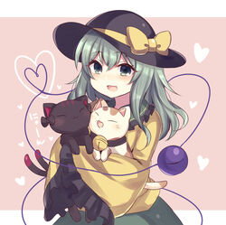  :3 :d animal bell black_bow black_headwear border bow closed_mouth commentary feline female goutokuji_mike goutokuji_mike_(cat) green_eyes green_hair hair_between_eyes hat hat_bow heart heart_of_string highres holding holding_animal kaenbyou_rin kaenbyou_rin_(cat) komeiji_koishi long_hair long_sleeves looking_at_viewer neck_bell open_mouth pink_background shirt smile subaru_(subachoco) third_eye touhou upper_body white_border wide_sleeves yellow_bow yellow_shirt 