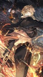  1boy back bandages blonde_hair blue_eyes clock clock_tower cowboy_shot fire gloves gun highres holding holding_gun holding_weapon lars_rorschach looking_back lovebrush_chronicles male_focus night night_sky official_art seomouse short_hair sky smile solo thigh_strap third-party_source tower weapon white_gloves 