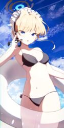  absurdres alternate_costume bad_id bad_pixiv_id bikini black_bikini blonde_hair blue_archive blue_eyes blue_halo breasts earpiece female hair_bun halo hand_on_own_ear highres innertube liyom maid_headdress side-tie_bikini_bottom solo swim_ring swimsuit toki_(blue_archive) 