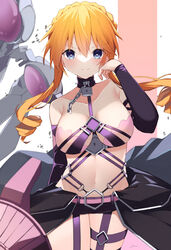  absurdres alternate_breast_size bare_shoulders blue_eyes blush braid breasts chains cowboy_shot date_a_live drill_hair female garter_straps gem hair_between_eyes hand_on_own_cheek hand_on_own_face hand_up highres holding holding_polearm holding_weapon jam_(jamjam777) lock looking_at_viewer mechanical_wings medium_breasts navel orange_hair polearm purple_gemstone purple_shorts revealing_clothes short_hair_with_long_locks short_shorts shorts single_wing smile solo thighs weapon wings yamai_kaguya 