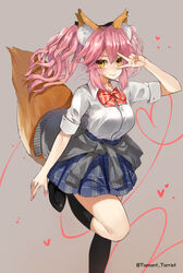  absurdres alternate_costume animal_ear_fluff animal_ears black_ribbon black_socks breasts cardigan cardigan_around_waist clothes_around_waist fate/extella fate/extra fate/extra_ccc fate/grand_order fate_(series) female fox_ears fox_girl fox_tail heart highres jacket jacket_around_waist large_breasts looking_at_viewer nail_polish official_alternate_costume pink_hair ribbon school_uniform socks solo sweater sweater_around_waist tail tamamo_(fate) tamamo_no_mae_(fate/extra) tamamo_no_mae_(jk)_(fate) torriet unbuttoned v yellow_eyes 