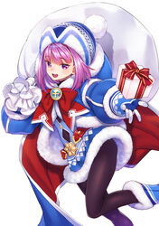  :d ankh badge beanie belt black_pantyhose blue_coat blue_footwear blue_gloves blue_hat blush boots bow box coat dress fate/grand_order fate/grand_order_arcade fate_(series) female fur-trimmed_coat fur-trimmed_dress fur_trim gift gift_box gloves hat helena_blavatsky_(christmas)_(fate) helena_blavatsky_(fate) highres hood hooded_coat large_bow long_sleeves looking_at_viewer matsuryuu open_clothes open_coat open_mouth outstretched_arm pantyhose purple_eyes purple_hair red_bow sack short_hair simple_background smile solo thighs white_background 