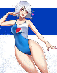  ;d bad_id bad_pixiv_id bare_shoulders blue_background breasts cawfield cleavage commentary english_commentary eyeshadow female grey_hair heart makeup mixed-language_commentary one-piece_swimsuit one_eye_closed open_mouth original pepsi personification short_hair simple_background smile solo sparkle swimsuit two-tone_background water water_drop white_background 