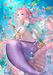  :d air_bubble angelfish breasts bubble butterflyfish clownfish commentary_request coral female fish guppy_(fish) highres kaguyuzu large_breasts long_hair mermaid monster_girl original pink_hair pointy_ears purple_eyes scales shell shell_bikini smile solo surgeonfish teeth tropical_fish underboob underwater upper_teeth_only 