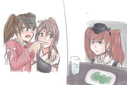  3girls artist_name atlanta_(kancolle) blush breast_envy brown_eyes brown_hair commentary crying crying_with_eyes_open earrings english_commentary garrison_cap glass grey_eyes hachimaki hair_intakes hand_on_another&#039;s_shoulder hat headband high_ponytail japanese_clothes jewelry kantai_collection kariginu long_sleeves look-alike meme multiple_girls muneate open_mouth pointing pointing_at_another raion_(raionart) ryuujou_(kancolle) shirt star_(symbol) star_earrings suspenders tears twintails two_side_up upper_body visor_cap white_shirt woman_yelling_at_cat_(meme) zuihou_(kancolle) 