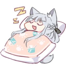  ak-12_(girls&#039;_frontline) animal_ears chibi closed_eyes female futon girls&#039;_frontline grey_hair lowres lying open_mouth paw_print pillow sleeping smug solo tail under_covers white_background wolf_ears wolf_tail yuutama2804 zzz 