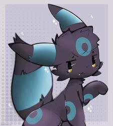  black_body black_fur blue_markings blush blush_lines cute_fangs eeveelution feral fluffy fluffy_tail fur fur_markings generation_2_pokemon markings nathan_s nintendo paws pokemon pokemon_(species) raised_paw shiny_pokemon signature simple_eyes sparkles tail umbreon yellow_eyes 