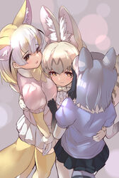  3girls :3 :d animal_ear_fluff animal_ears black_hair black_skirt blonde_hair bow bowtie brown_eyes commentary_request common_raccoon_(kemono_friends) extra_ears fennec_(kemono_friends) fox_ears fox_tail fur_collar girl_sandwich gloves grey_hair hair_between_eyes hand_on_another&#039;s_waist hug kemono_friends multicolored_hair multiple_girls open_mouth pantyhose puffy_short_sleeves puffy_sleeves raccoon_ears raccoon_tail sandwiched short_hair short_sleeves skirt smile tadano_magu tail thighhighs two-tone_hair white_hair white_serval_(kemono_friends) white_skirt yellow_bow yellow_bowtie yellow_eyes yellow_legwear 